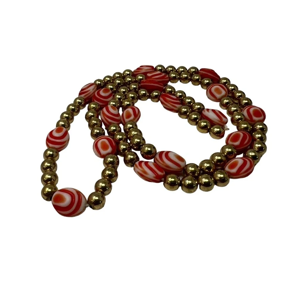 Vintage Handmade Necklace Orange‎ Swirl and Gold Tone Beads